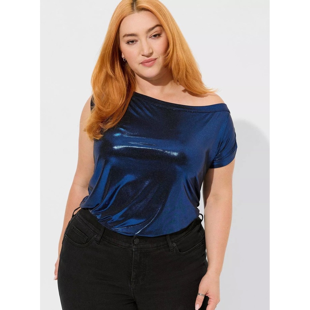 Torrid Blue Metallic Liquid Foil Off Shoulder Drape Neck Top Plus Size 0(12)